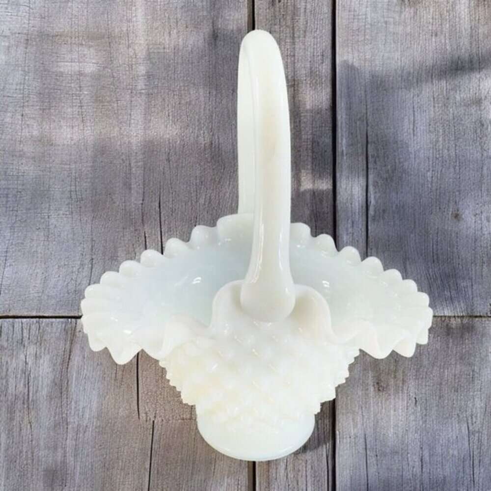 Early Fenton White Milk Glass Basket Bowl With Handle Vintage Glassware Unmarked